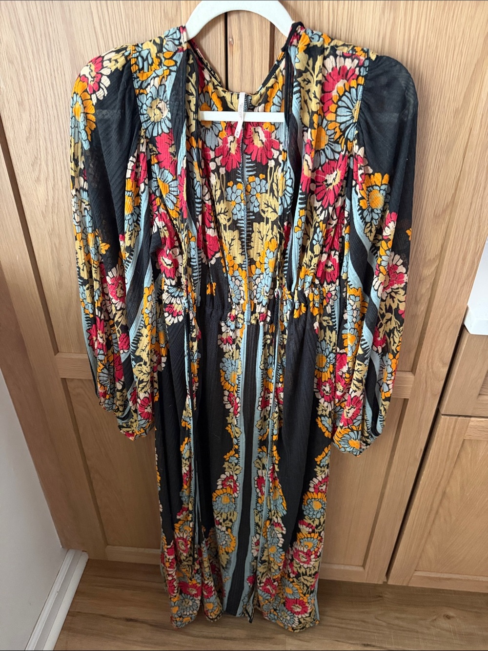 Free People Black Floral Long Sleeve Duster with Blue, Pink & Yellow Accents
